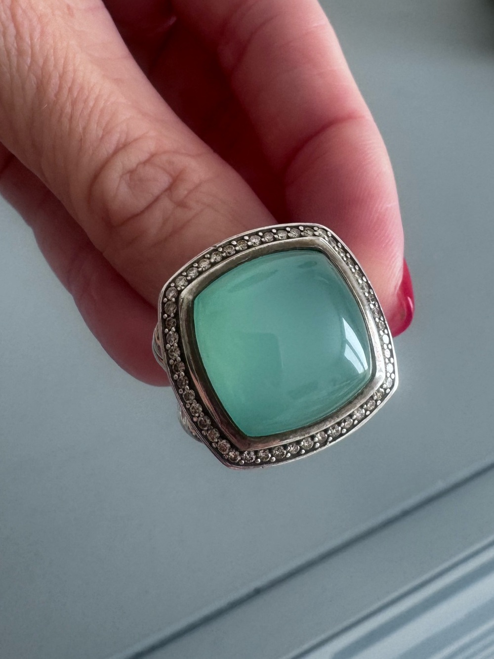 David Yurman Aqua Chalcedony Cushion Ring with Pavé Accents